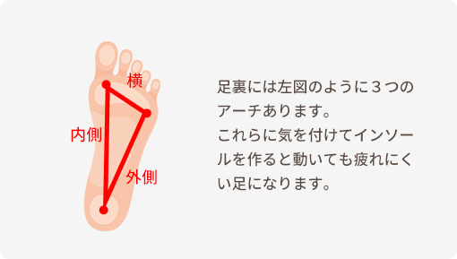足裏には左図のように3つのアーチあります。これらに気を付けてインソールを作ると動いても疲れにくい足になります。